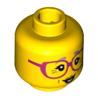 Minifig Head Grandma, Dark Pink Glasses, Gray Eyebrows and Crow's Feet Print Gelb