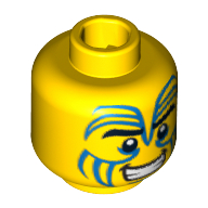 Minifig Head Island Warrior, Tribal Blue Face Paint, Black Eyebrows and Grin Print [Hollow Stud] Gelb