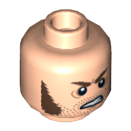 Minifig Head Barret, Reddish Brown Sideburns, Stubble and Angry Expression Print [Hollow Stud] Hellnougat