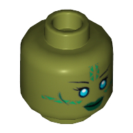 Minifig Head Jedi, Blue Eyes, Green Markings and Dark Green Lips Print [Hollow Stud] Olive Green