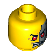 Minifig Head Cyrus Borg, Silver Head Plates and Red Eyes / Eyebrows and Crooked Smile Print Yellow
