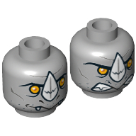 Minifig Head Rogon, Dual Sided, Rhinoceros with Orange Eyes and White Horn Neutral / Angry Print [Hollow Stud] Light Bluish Gray