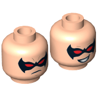 Minifig Head Nightwing, Dual Sided, Black Eyemask with Red Eyes, Determined / Smiling Print [Hollow Stud] Light Nougat