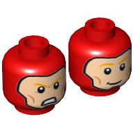 Minifig Head The Flash, Balaclava, Light Nougat Face, Orange Eyebrows, Cheek Lines, Smiling / Angry Print Red