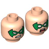 Minifig Head Robin, Dual Sided, Green Eyemask Green, Determined / Scared Print [Hollow Stud] Hellnougat