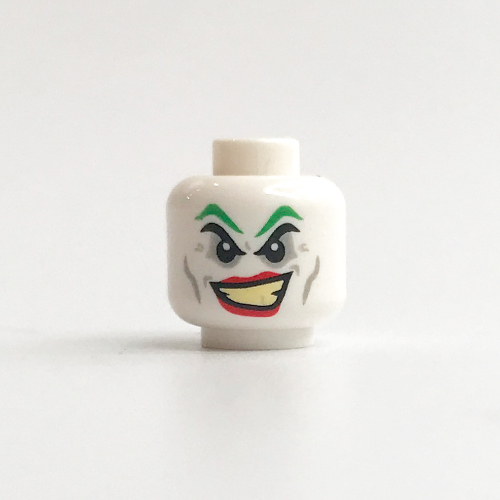 Minifig Head Joker, Green Eyebrows, Red Lips, Wide Smile Print [Hollow Stud] White