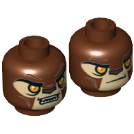 Minifig Head Lavertus / Shadowind, Lion with Orange Eyes, Tan Face and Brown Nose, Closed Mouth / Open Mouth Print Reddish Brown