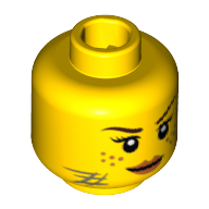 Minifig Head Gail, Dark Brown Eyebrows, Eyelashes, Freckles, Scratches, Determined Print Gelb