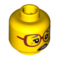 Minifig Head Sherry Scratchen-Post, Dark Red Glasses, Gray Eyebrows, Crow's Feet, Open Mouth Print [Hollow Stud] Yellow