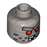 Minifig Head Wiley Fusebot, Red Eyes, Metal Eyebrows with Rivets, Broken Teeth and Stubble Bolts Print [Hollow Stud] Mattsilber