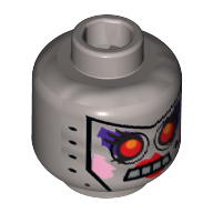 Minifig Head Calamity Drone, Red Eyes, 4 Mouth Squares and Beauty Mark Print Flat Silver