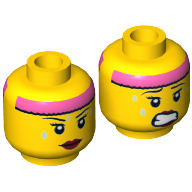Minifig Head Cardio Carrie, Dual Sided, Female, Pink Headband, Sweat Drops, Red Lipstick, Mouth Closed / Clenched Teeth Print [Hollow Stud] Gelb