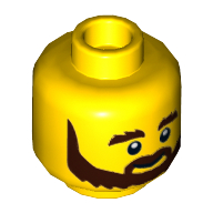 Minifig Head Garbage Man Grant, Beard Brown, Bushy Eyebrows, Grin and White Pupils Print [Hollow Stud] Yellow