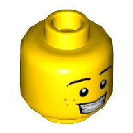 Minifig Head Blacktron Fan, Dual Sided, Eyebrows, Freckles, Smile with Teeth / Scared Open Mouth Print [Hollow Stud] Yellow