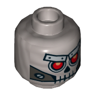 Minifig Head Robo Skeleton, Skull with Red Eyes, Metal Eyebrows with Rivets and Metal Jaw with Screws Print [Hollow Stud] Flat Silver
