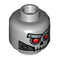 Minifig Head Robo Skeleton, Skull with Red Eyes, Metal Eyebrows with Rivets and Metal Jaw with Screws Print [Hollow Stud] Hellblaugrau