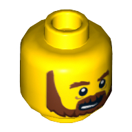 Minifig Head Frank the Foreman, Beard Brown, Bushy Eyebrows, Lines under Eyes, Open Mouth Print [Hollow Stud] Gelb