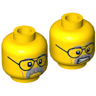 Minifig Head Pa Cop / Professor Brainstein, Glasses, Gray Moustache and Eyebrows, Cheek Lines, Mouth Closed / Clenched Teeth Print Gelb