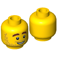 Minifig Head Plumber Joe, Stubble, Brown Eyebrows, White Pupils, Open Smile Print [Hollow Stud] Yellow