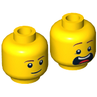 Minifig Head Dr McScrubs, Dual Sided, Brown Eyebrows, White Pupils, Slight Smile and Cleft Chin / Open Mouth Scared Print [Hollow Stud] Gelb