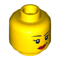 Minifig Head Sharon Shoehorn / Scientist, Eyebrows, Eyelashes, Red Lips, Lopsided Smile / Scared Open Mouth with Teeth Print Gelb