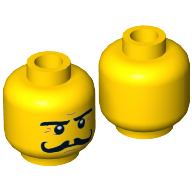 Minifig Head Severin Black, Moustache Curly Long, Stern Eyebrows, White Pupils Print [Hollow Stud] Gelb