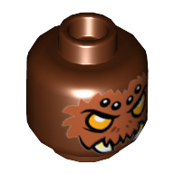 Minifig Head Sparratus, Orange Eyes, Brown Fur, White Spots and Fangs Print [Hollow Stud] Rotbraun