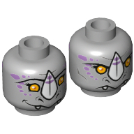 Minifig Head Rinona, Dual Sided, Rhinoceros with Orange Eyes, Purple Markings and White Horn, Neutral / Happy Print [Hollow Stud] Hellblaugrau