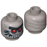 Minifig Head Sheriff Not-a-robot, Red Eyes, Metal Eyebrows with Rivets, 8 Mouth Squares, Stubble and Black Markings Print [Hollow Stud] Flat Silver