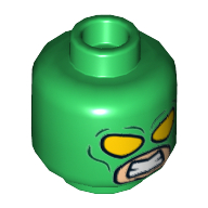 Minifig Head HYDRA Henchman, Dual Sided, Yellow Eyes, Clenched Teeth, Yellow 'H' on Back Print [Hollow Stud] Green