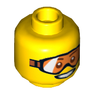 Minifig Head, Orange Goggles and Open Smile Print Gelb
