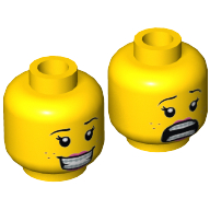 Minifig Head Fabuland-Fan, Dual Sided, Female, Brown Eyebrows, Eyelashes, Freckles, Peach Lips, Smile with Teeth / Scared Open Mouth Print [Hollow Stud] Yellow