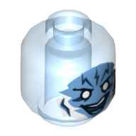 Minifig Head Electro, Medium Blue Face with White Eyes and Lightning Bolts on Forehead Print [Hollow Stud] Trans-Medium Blue