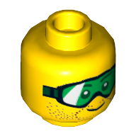 Minifig Head, Green Goggles and Brown Stubble Print Yellow