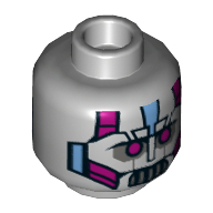 Minifig Head Kraang, Magenta Robot Eyes, Silver Mouth, Medium Blue Plates Print [Hollow Stud] Light Bluish Gray