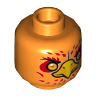 Minifig Head Frax, Phoenix with Orange Eyes, Circles, Red Feathers and Yellow Beak, Neutral / Stern Print Orange