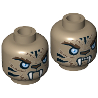 Minifig Head Strainor, Dual Sided, Tiger with Fur, Fangs, Light Blue Eyes and Black Stripes, Neutral / Angry Print [Hollow Stud] Dark Tan