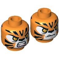 Minifig Head Tormak, Dual Sided, Tiger with Orange Eyes, Fangs and Black Stripes, Neutral / Angry Print [Hollow Stud] Orange