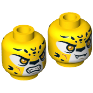 Minifig Head Lundor, Dual Sided, Leopard with Orange Eyes, Fangs and Black Spots, Neutral / Angry Print [Hollow Stud] Gelb