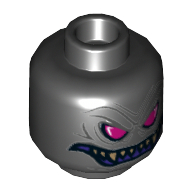 Minifig Head Overlord, Magenta Eyes, Purple Grin with Sharp Teeth, Gold Vertebra on Back Print Schwarz