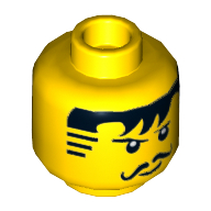 Minifig Head Johnny Thunder, Moustache Black Bangs, Striped Sideburns Print [Hollow Stud] Gelb