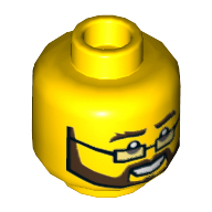 Minifig Head, Rectangular Glasses, Black and Brown Beard and Moustache, Bushy Eyebrows, Open Smile Print [Hollow Stud] Gelb