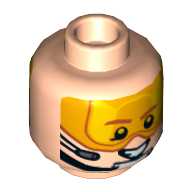 Minifig Head, Orange Visor, Brown Eyebrows, Chin Strap, Headset, Smiling / Scared Print Hellnougat