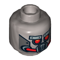 Minifig Head Robo Pilot, Robot Red Eyes and Mouth and Silver Metal Plates Eyebrows and Mask Print [Hollow Stud] Flat Silver