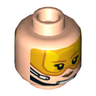 Minifig Head Sandspeeder Pilot, Red Lips, Orange Visor, Brown Eyebrows, Chin Strap, Headset, Smiling / Angry Print Light Nougat