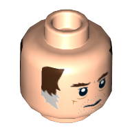 Minifig Head Wuher, Brown Eyebrows, Brown and Gray Sideburns, Stubble, Age Lines, Mouth Closed / Open Print Light Nougat