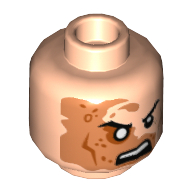 Minifig Head Shredder, Right Eye Scarred Area and No Pupil, Open Mouth Angry Print [Hollow Stud] Light Nougat