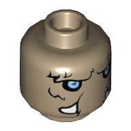Minifig Head Mungus, Dual Sided, Mammoth Fur, Light Blue Eyes, Tusks, Neutral / Stern Print Dunkelbeige