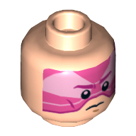 Minifig Head Gray Squadron Pilot, White Pupils, Chin Dimple, Black Eyebrows, Slight Smile / Pink Visor, Frown Print Hellnougat