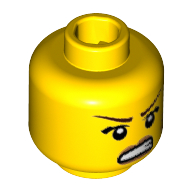 Minifig Head Dino Tracker, Thin Eyebrows, Angry Mouth, Scar on Cheek Print [Hollow Stud] Gelb
